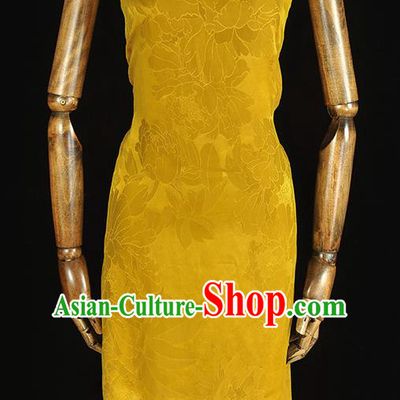 Traditional Yellow Gambiered Guangdong Gauze Chinese Cheongsam Jacquard Silk Fabric Classical Peony Pattern Satin Material