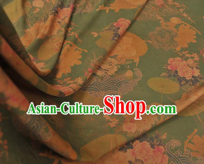 Chinese Cheongsam Green Silk Fabric Traditional Gambiered Guangdong Gauze Classical Peony Pattern Cloth