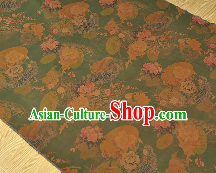 Chinese Cheongsam Green Silk Fabric Traditional Gambiered Guangdong Gauze Classical Peony Pattern Cloth