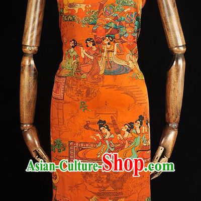 Traditional Silk Material Chinese Cheongsam Classical Musician Beauty Pattern Silk Fabric Orange Gambiered Guangdong Gauze