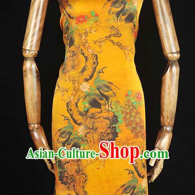 Traditional Yellow Satin Material Gambiered Guangdong Gauze Chinese Cheongsam Classical Peacock Peony Pattern Silk Fabric