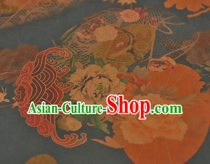 Chinese Blue Silk Fabric Traditional Classical Peony Pattern Cloth Cheongsam Gambiered Guangdong Gauze Chinese Blue Silk Fabric Traditional Classical Peony Pattern Cloth Cheongsam Gambiered Guangdong Gauze