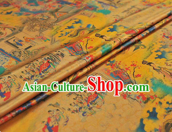 Traditional Gambiered Guangdong Gauze Chinese Cheongsam Classical Goddess Pattern Silk Fabric Yellow Jacquard Material Traditional Gambiered Guangdong Gauze Chinese Cheongsam Classical Goddess Pattern Silk Fabric Yellow Jacquard Material