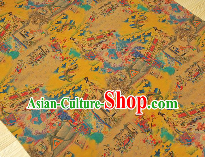 Traditional Gambiered Guangdong Gauze Chinese Cheongsam Classical Goddess Pattern Silk Fabric Yellow Jacquard Material Traditional Gambiered Guangdong Gauze Chinese Cheongsam Classical Goddess Pattern Silk Fabric Yellow Jacquard Material