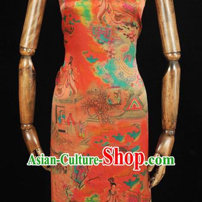 Traditional Red Gambiered Guangdong Gauze Chinese Cheongsam Jacquard Material Classical Goddess Pattern Silk Fabric