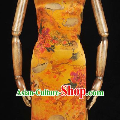 Traditional Cheongsam Ginger Gambiered Guangdong Gauze Chinese Classical Crane Peony Pattern Silk Fabric Jacquard Material