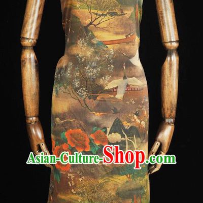 Chinese Classical Crane Peony Pattern Silk Fabric Jacquard Material Traditional Cheongsam Brown Gambiered Guangdong Gauze