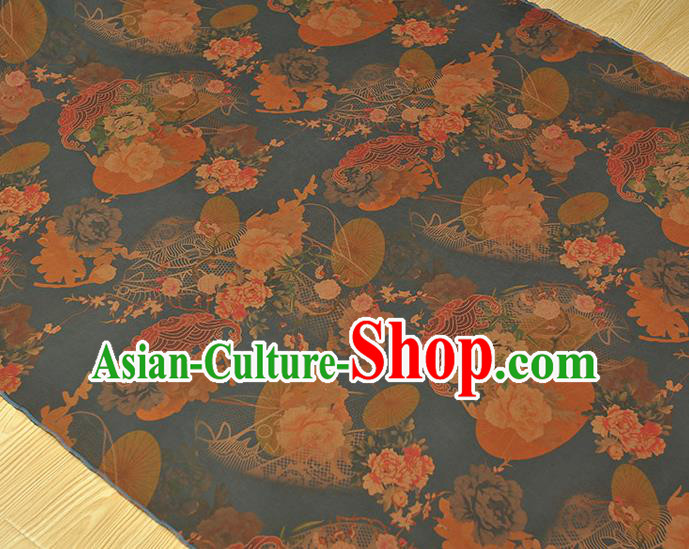 Chinese Blue Silk Fabric Traditional Classical Peony Pattern Cloth Cheongsam Gambiered Guangdong Gauze Chinese Blue Silk Fabric Traditional Classical Peony Pattern Cloth Cheongsam Gambiered Guangdong Gauze