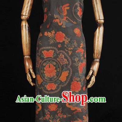 China Classical Cheongsam Black Gambiered Guangdong Gauze Cloth Traditional Peony Phoenix Pattern Silk Fabric