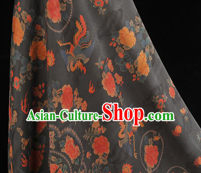 China Classical Cheongsam Black Gambiered Guangdong Gauze Cloth Traditional Peony Phoenix Pattern Silk Fabric
