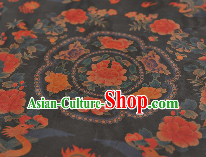 China Classical Cheongsam Black Gambiered Guangdong Gauze Cloth Traditional Peony Phoenix Pattern Silk Fabric