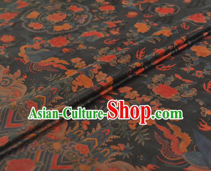 China Classical Cheongsam Black Gambiered Guangdong Gauze Cloth Traditional Peony Phoenix Pattern Silk Fabric
