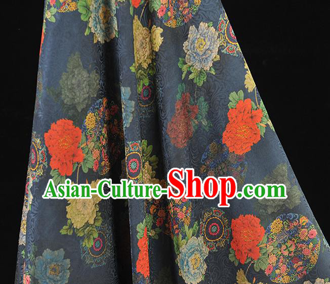 Chinese Classical Peony Pattern Silk Fabric Cheongsam Navy Gambiered Guangdong Gauze Traditional Cloth Material Chinese Classical Peony Pattern Silk Fabric Cheongsam Navy Gambiered Guangdong Gauze Traditional Cloth Material