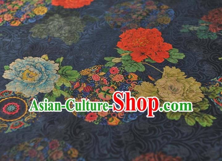Chinese Classical Peony Pattern Silk Fabric Cheongsam Navy Gambiered Guangdong Gauze Traditional Cloth Material Chinese Classical Peony Pattern Silk Fabric Cheongsam Navy Gambiered Guangdong Gauze Traditional Cloth Material