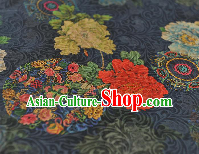 Chinese Classical Peony Pattern Silk Fabric Cheongsam Navy Gambiered Guangdong Gauze Traditional Cloth Material Chinese Classical Peony Pattern Silk Fabric Cheongsam Navy Gambiered Guangdong Gauze Traditional Cloth Material