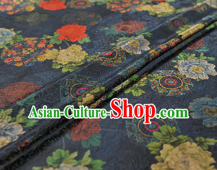 Chinese Classical Peony Pattern Silk Fabric Cheongsam Navy Gambiered Guangdong Gauze Traditional Cloth Material Chinese Classical Peony Pattern Silk Fabric Cheongsam Navy Gambiered Guangdong Gauze Traditional Cloth Material