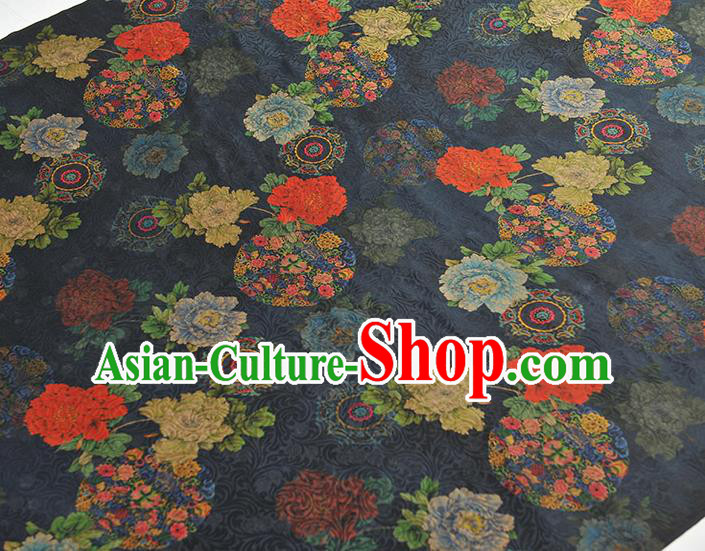 Chinese Classical Peony Pattern Silk Fabric Cheongsam Navy Gambiered Guangdong Gauze Traditional Cloth Material Chinese Classical Peony Pattern Silk Fabric Cheongsam Navy Gambiered Guangdong Gauze Traditional Cloth Material
