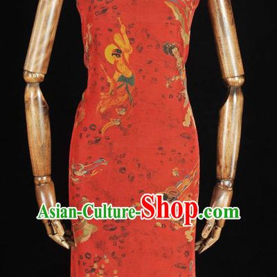 Chinese Traditional Cheongsam Silk Cloth Red Gambiered Guangdong Gauze Material Classical Goddess Pattern Silk Fabric