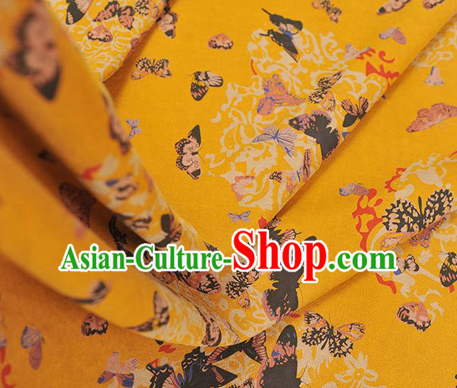 Chinese Traditional Butterfly Pattern Yellow Silk Fabric Cheongsam Gambiered Guangdong Gauze Chinese Traditional Butterfly Pattern Yellow Silk Fabric Cheongsam Gambiered Guangdong Gauze