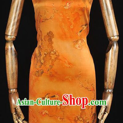 Chinese Yellow Gambiered Guangdong Gauze Traditional Plum Birds Pattern Silk Fabric Classical Cheongsam Satin Material