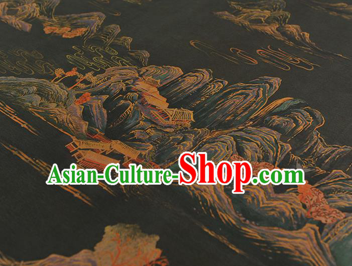 Top Silk Material Chinese Traditional Landscape Pattern Fabric Classical Cheongsam Black Gambiered Guangdong Gauze Top Silk Material Chinese Traditional Landscape Pattern Fabric Classical Cheongsam Black Gambiered Guangdong Gauze