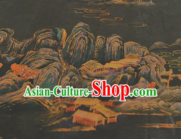 Top Silk Material Chinese Traditional Landscape Pattern Fabric Classical Cheongsam Black Gambiered Guangdong Gauze Top Silk Material Chinese Traditional Landscape Pattern Fabric Classical Cheongsam Black Gambiered Guangdong Gauze