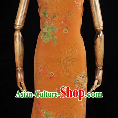 Chinese Classical Cheongsam Orange Satin Material Gambiered Guangdong Gauze Traditional Peony Butterfly Pattern Silk Fabric