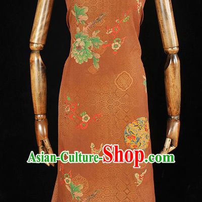 Brown Chinese Gambiered Guangdong Gauze Traditional Peony Butterfly Pattern Silk Fabric Classical Cheongsam Satin Material