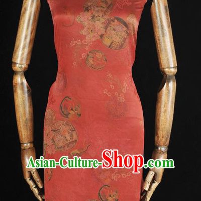 Top Chinese Traditional Pavilion Pattern Silk Material Classical Cheongsam Red Gambiered Guangdong Gauze Fabric