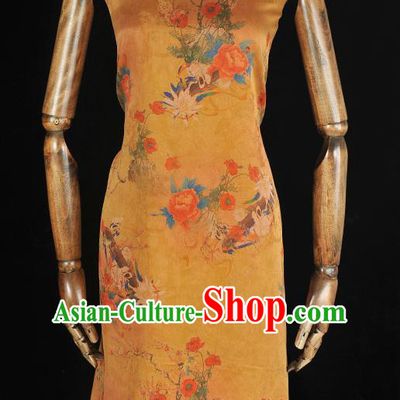 Top Chinese Jacquard Satin Classical Cheongsam Yellow Gambiered Guangdong Gauze Fabric Traditional Flowers Pattern Silk Material