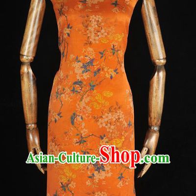 Top Chinese Classical Cheongsam Orange Gambiered Guangdong Gauze Fabric Traditional Peach Blossom Pattern Silk Material Jacquard Satin