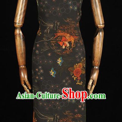 Top Chinese Classical Cheongsam Black Gambiered Guangdong Gauze Traditional Cloth Fabric Carps Pattern Silk Material