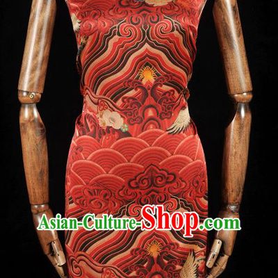Chinese Classical Wave Crane Pattern Red Silk Material Traditional Gambiered Guangdong Gauze Cheongsam Satin Cloth Fabric