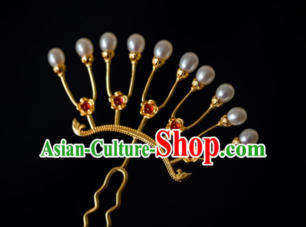 China Traditional Hanfu Hairpin Ancient Tang Dynasty Gilding Hair Comb Pearls Hair Accessories