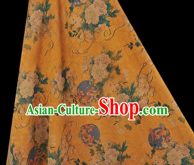 Chinese Traditional Fabric Cheongsam Gambiered Guangdong Gauze Classical Mangnolia Peony Pattern Yellow Silk Material Chinese Traditional Fabric Cheongsam Gambiered Guangdong Gauze Classical Mangnolia Peony Pattern Yellow Silk Material