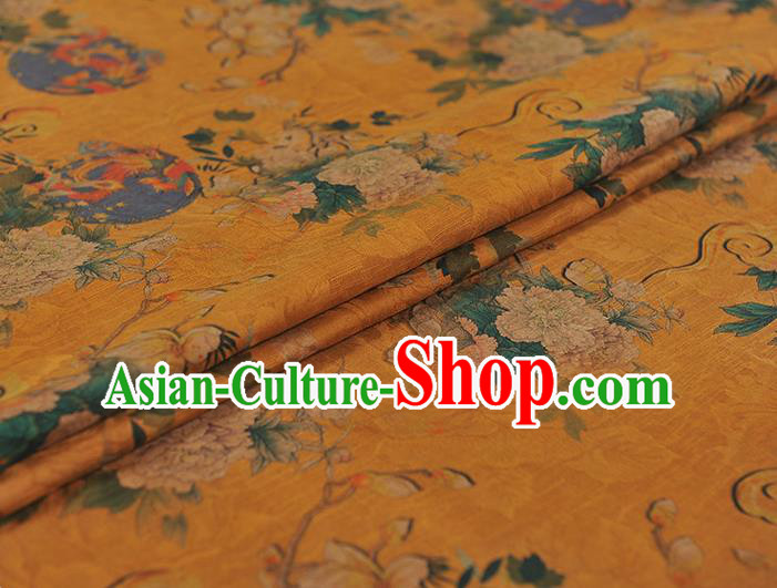Chinese Traditional Fabric Cheongsam Gambiered Guangdong Gauze Classical Mangnolia Peony Pattern Yellow Silk Material Chinese Traditional Fabric Cheongsam Gambiered Guangdong Gauze Classical Mangnolia Peony Pattern Yellow Silk Material
