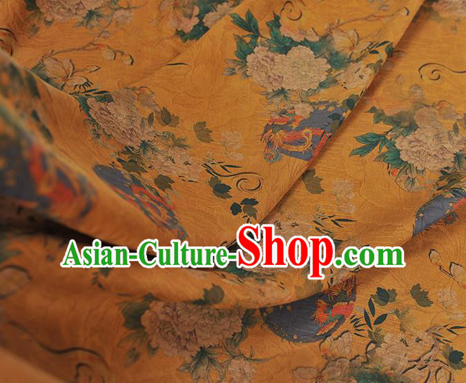 Chinese Traditional Fabric Cheongsam Gambiered Guangdong Gauze Classical Mangnolia Peony Pattern Yellow Silk Material Chinese Traditional Fabric Cheongsam Gambiered Guangdong Gauze Classical Mangnolia Peony Pattern Yellow Silk Material