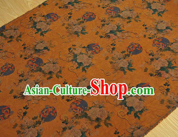 Chinese Traditional Fabric Cheongsam Gambiered Guangdong Gauze Classical Mangnolia Peony Pattern Yellow Silk Material Chinese Traditional Fabric Cheongsam Gambiered Guangdong Gauze Classical Mangnolia Peony Pattern Yellow Silk Material