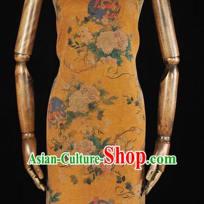 Chinese Traditional Fabric Cheongsam Gambiered Guangdong Gauze Classical Mangnolia Peony Pattern Yellow Silk Material