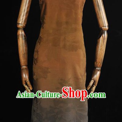 Chinese Gambiered Guangdong Gauze Classical Silk Material Jacquard Peony Brown Satin Traditional Cheongsam Fabric