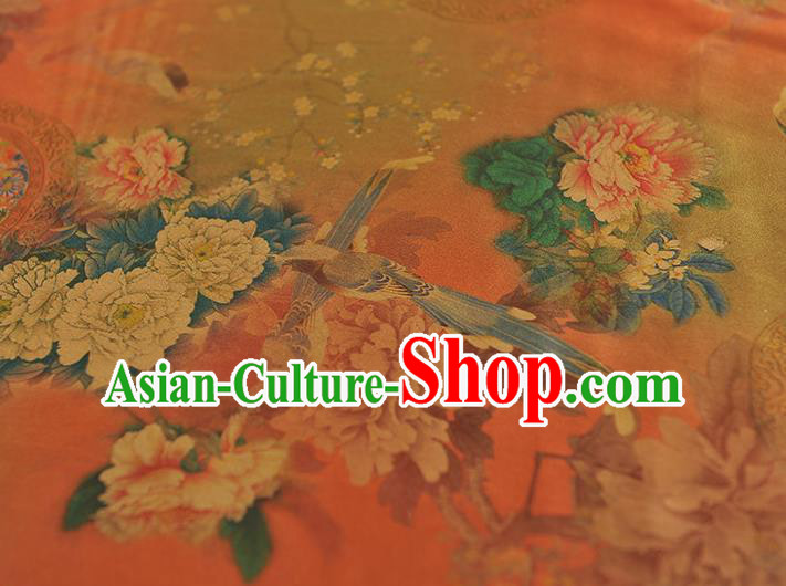Chinese Orange Satin Traditional Cheongsam Fabric Classical Peony Birds Pattern Silk Material Chinese Orange Satin Traditional Cheongsam Fabric Classical Peony Birds Pattern Silk Material