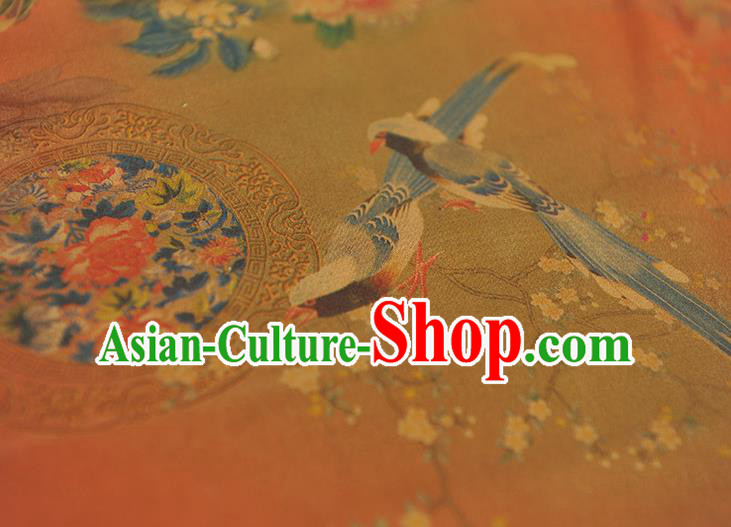 Chinese Orange Satin Traditional Cheongsam Fabric Classical Peony Birds Pattern Silk Material Chinese Orange Satin Traditional Cheongsam Fabric Classical Peony Birds Pattern Silk Material