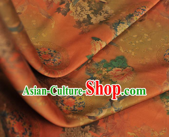 Chinese Orange Satin Traditional Cheongsam Fabric Classical Peony Birds Pattern Silk Material Chinese Orange Satin Traditional Cheongsam Fabric Classical Peony Birds Pattern Silk Material