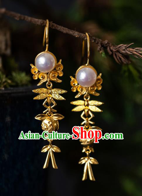 China Song Dynasty Empress Pearl Earrings Traditional Palace Lady Gilding Ear Jewelry China Song Dynasty Empress Pearl Earrings Traditional Palace Lady Gilding Ear Jewelry
