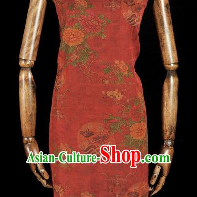 Chinese Cheongsam Cloth Material Classical Peony Flowers Pattern Silk Fabric Traditional Red Gambiered Guangdong Gauze