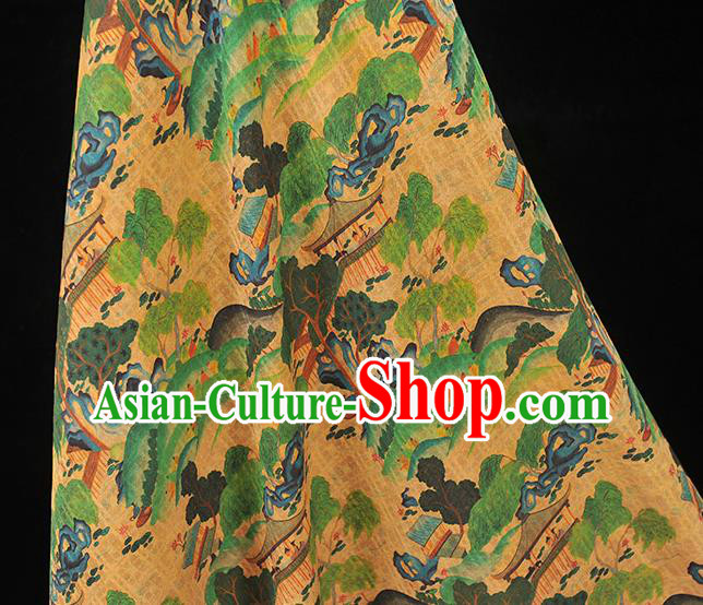 Chinese Cheongsam Yellow Cloth Material Traditional Gambiered Guangdong Gauze Classical Pavilion Pattern Silk Fabric Chinese Cheongsam Yellow Cloth Material Traditional Gambiered Guangdong Gauze Classical Pavilion Pattern Silk Fabric
