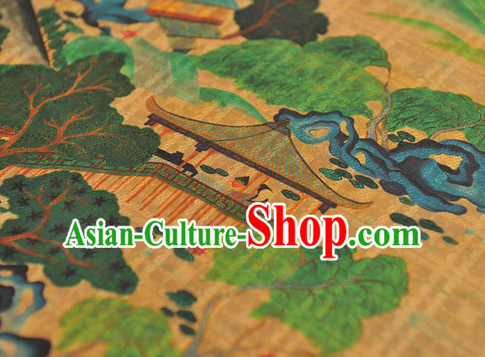 Chinese Cheongsam Yellow Cloth Material Traditional Gambiered Guangdong Gauze Classical Pavilion Pattern Silk Fabric Chinese Cheongsam Yellow Cloth Material Traditional Gambiered Guangdong Gauze Classical Pavilion Pattern Silk Fabric