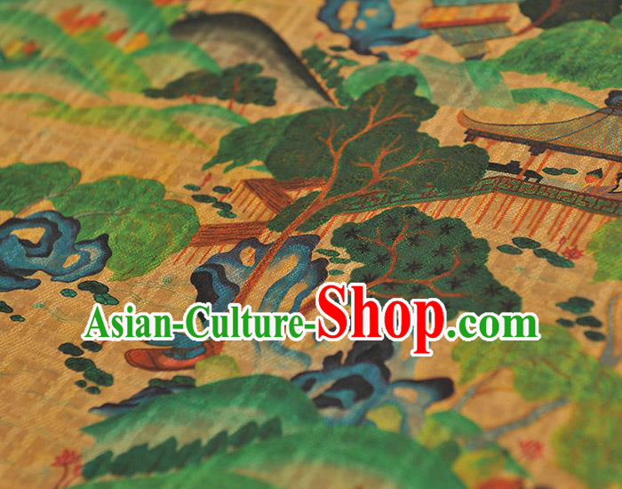 Chinese Cheongsam Yellow Cloth Material Traditional Gambiered Guangdong Gauze Classical Pavilion Pattern Silk Fabric Chinese Cheongsam Yellow Cloth Material Traditional Gambiered Guangdong Gauze Classical Pavilion Pattern Silk Fabric