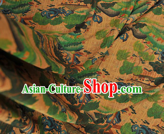Chinese Cheongsam Yellow Cloth Material Traditional Gambiered Guangdong Gauze Classical Pavilion Pattern Silk Fabric Chinese Cheongsam Yellow Cloth Material Traditional Gambiered Guangdong Gauze Classical Pavilion Pattern Silk Fabric