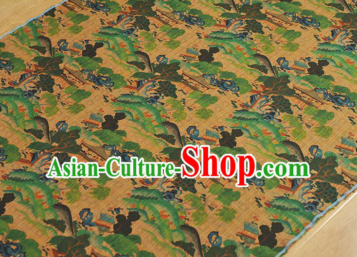Chinese Cheongsam Yellow Cloth Material Traditional Gambiered Guangdong Gauze Classical Pavilion Pattern Silk Fabric Chinese Cheongsam Yellow Cloth Material Traditional Gambiered Guangdong Gauze Classical Pavilion Pattern Silk Fabric
